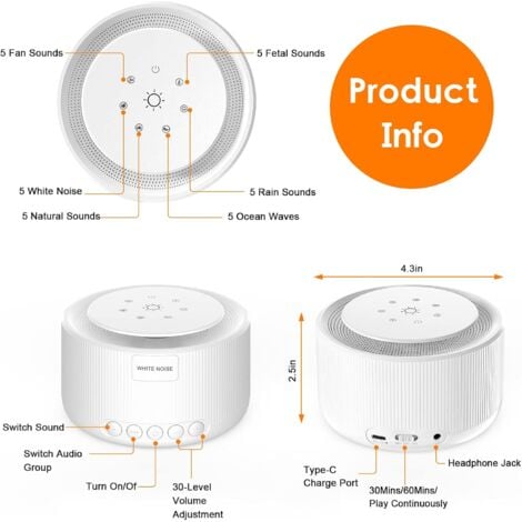 Machine à bruit blanc - Machine à bruit blanc avec 30 sons naturels  apaisants, 30 niveaux de volume, lumière, 3 fonctions de mémoire, machine à  bruit alimentée par AC ou USB, machine