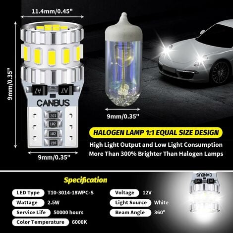 Ampoules T10 W5W LED Canbus 6000K Veilleuses Auto interieur et exterieur 12V