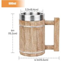 Chope à Bière En Acier Inoxydable Imitation Bois - Capacité 600ml, Design Tonneau Vintage, Double Paroi