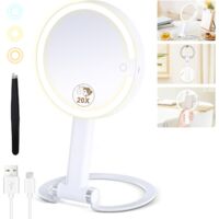 20X Magnifying Mirror with Light, Lighted Makeup Mirror with 20X/1X Magnification, 3 Color Light and Adjustable Brightness, 3-in-1 Multifunctional Makeup Mirror with Lights 2000mAh