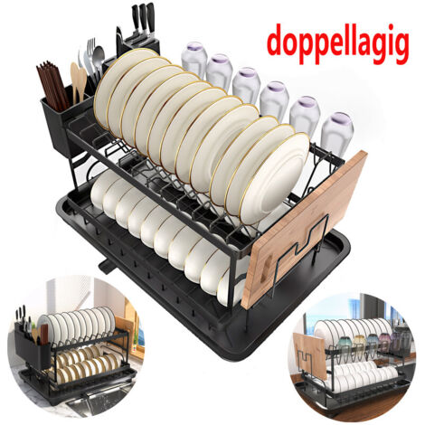 2‑stufiges Abtropfgestell mit Tassen‑ und Utensilienhalter, Geschirrabtropfgestell mit 360° Abfluss und Drainageplatte, Platzsparend für Küche, Edelstahl‑Optik, 42×30×30 cm