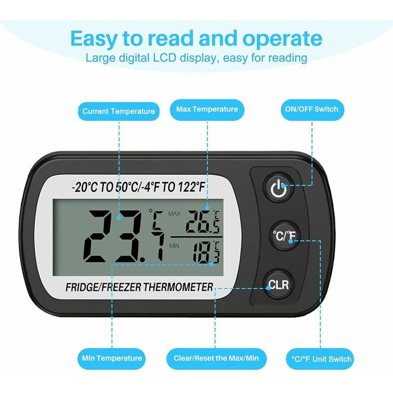 Refrigerator Fridge Thermometer Digital Freezer Room Thermometer  Waterproof, Max/Min Record Function with Large LCD Display (General, Black,  2)