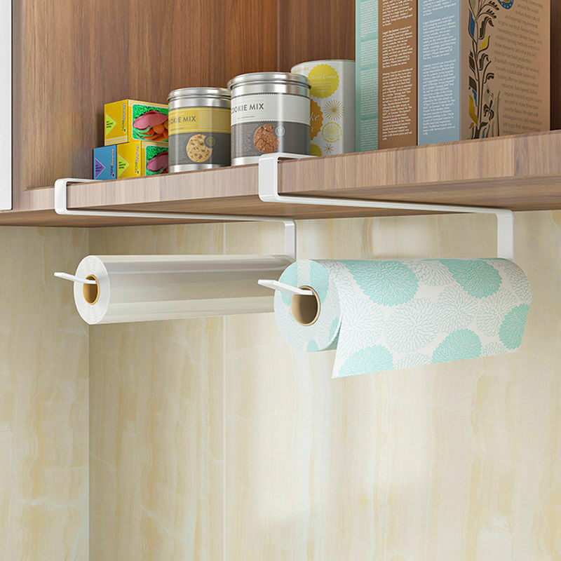 1pc Kitchen Cling Film Storage Rack, Cabinet Door Hook Paper Towel Holder,  Vertical & Horizontal Tissue Hanging Stand, Black/white