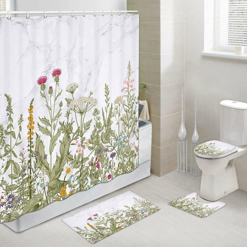 Wildflowers Shower Curtain Floral Border Herbal Shower Curtains Plant Shower  Curtain Waterproof Bathroom Shower Curtains Decor With 12 Hooks 