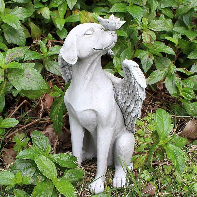 Dog Memorial Statue/Pet Memorial Statue/Marker Stone with Feathered Angel  Wings for Outdoor or Indoor (Natural Stone Color Finish)