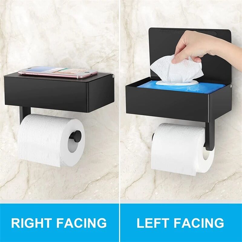 1pc Black Free-standing Toilet Paper Holder With Tray, Stand Up Bathroom  Tissue Roll Storage Rack With Space Shelf, Waterproof And Anti-rust