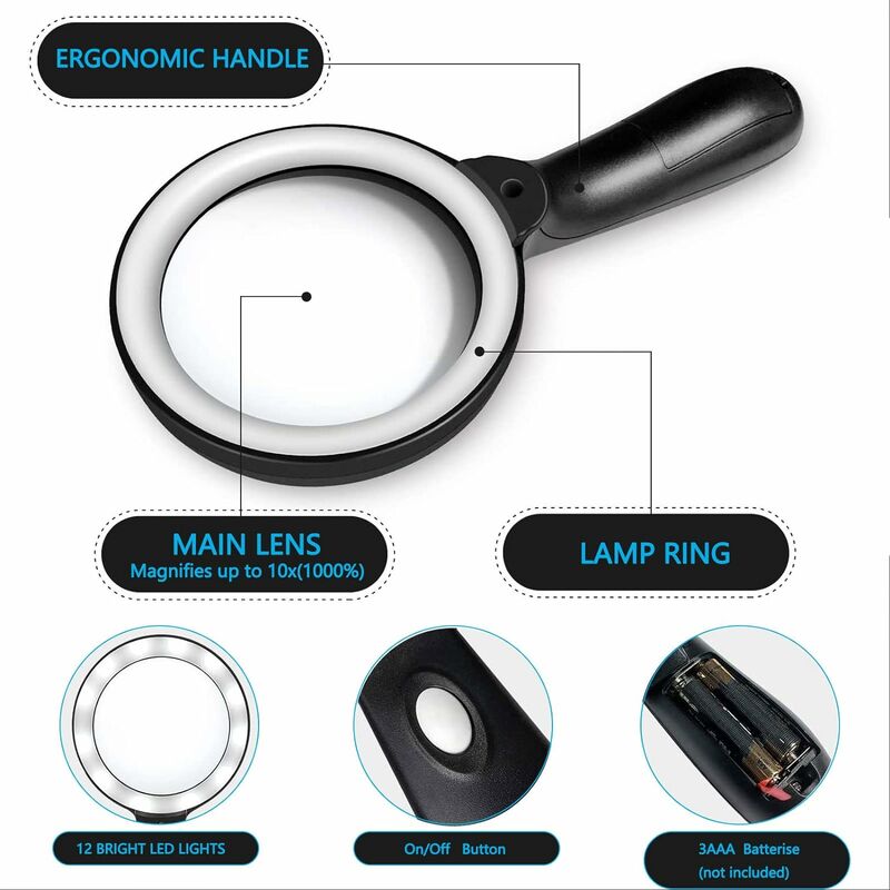 Magnifying Glass with Light,30X Magnification Handheld Magnifier with 13 LED Light Double Lens Magnifying Glass for Reading, Newspaper, Antique, Explo