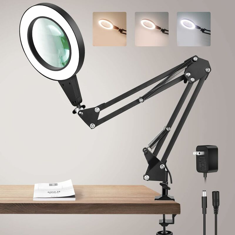 8X Magnifying Glass with Light and Stand, 2-in-1 Real Glass Magnifying Desk  Lamp & Clamp, 3 Color Modes Stepless Dimmable, LED Lighted Magnifier with  Light for Hobby Crafts Repair Close Works 