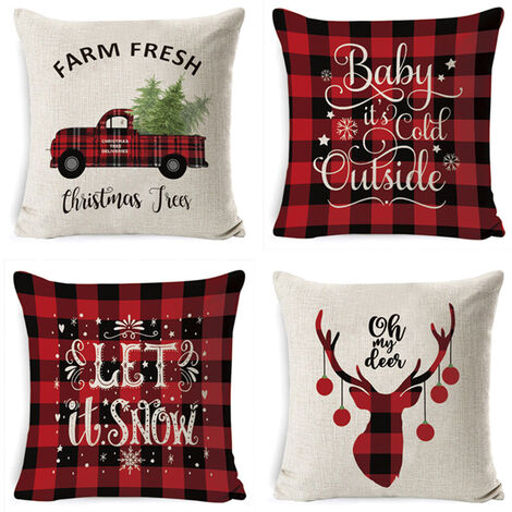 Christmas Pillow Covers 18x18 Set of 4 Merry Christmas Outdoor Pillow Cases  Let It Snow Deer Holiday Decorations Red Truck Xmas Throw Pillows