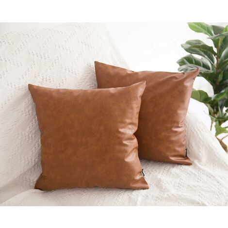 18x18 Inch Pillow Brown Cotton & Faux Leather With Polyester Fill