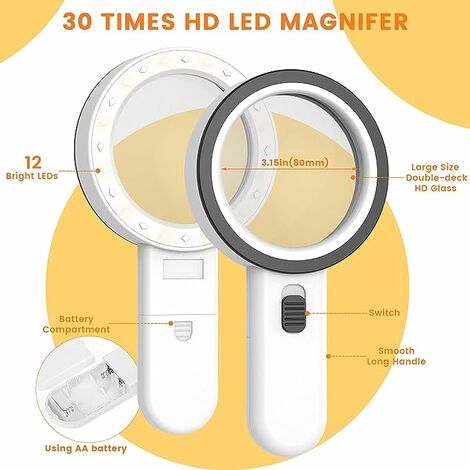  Magnifying Glass 30X Double Glass Lens Handheld Illuminated  Magnifier Reading Magnifying Glass for Seniors Reading, Coins, Stamps, Map,  Inspection, Macular Degeneration Book Magnifier with 12 LED : Arts, Crafts  & Sewing