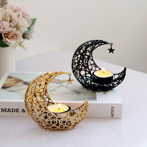 Moon Shaped Pillar Candle Holder Tealight, Metal Crystal Moon Pillar ...