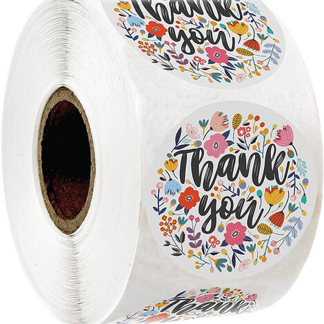 1.5 Black and White Floral Thank You Stickers Roll - Packing Stickers - Thank You Labels for Favors - Small Business Thank You Stickers | 500 Pcs