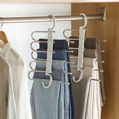 SONGMICS 3 Pack Pants Hangers, Space-Saving Multi-Bar Metal Pants Hangers, Stable with Non-Slip Padding, Swing Arms for 5