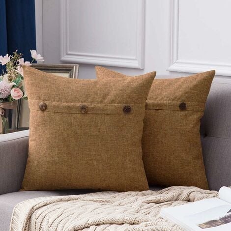 Set of 2 Linen Decorative Cushion Covers Triple Button Pillow Case