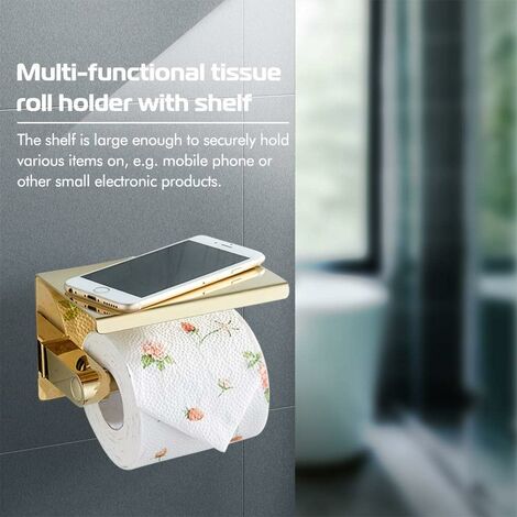 Gold Toilet Paper Holder, Stick On Brushed Brass Toilet Paper Holder With  Shelf, Self Adhesive No Drill Or Wallmount With Screws Compatible Bathroom