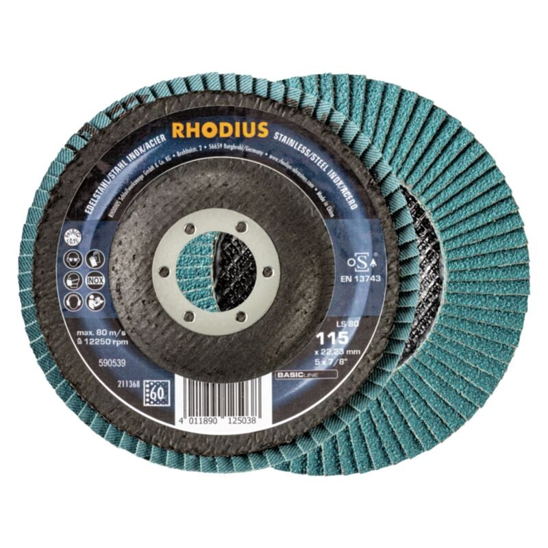 RHODIUS LS80, 10 Stück, 115 mm, Fächerschleifscheibe Korn 60