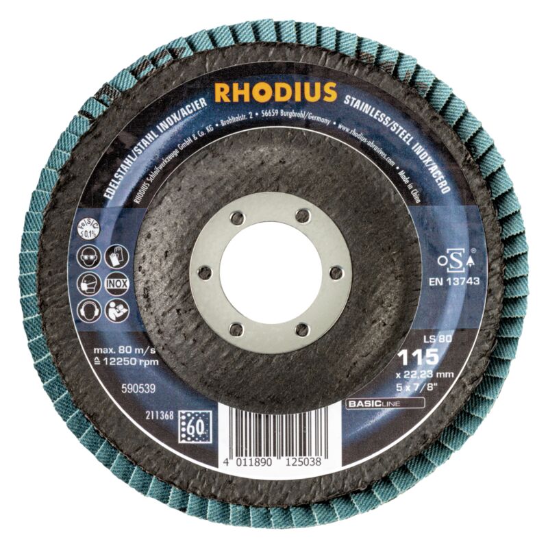 RHODIUS LS80, 10 Stück, 115 mm, Korn 60, Fächerschleifscheibe