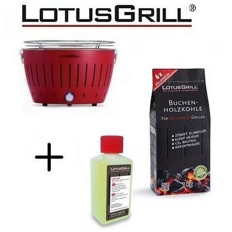 Barbecue Rosso con Batterie e Cavo di Alimentazione USB + 1Kg di Carbonella di Faggio + Gel Combustibile Inodore per Barbecue 200ml -Lotus Grill (1/3)