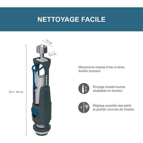 GEBERIT - Mécanisme chasse d'eau à étrier - Double poussoir - Rinçage double touche - Réglage des petits et grands volumes de chasse (3/6L) - Adaptable en hauteur
