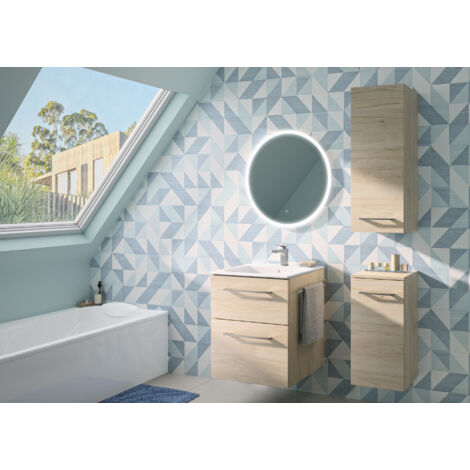 Geberit – Colonne mi-haute Selva avec 1 porte – Rangement spacieux – Étagères réglables – Hauteur 85 cm, largeur 33 cm – Caisson en PPSM, finition chêne