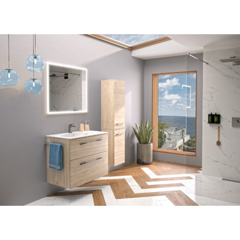 Geberit – Meuble double vasque 80 cm avec 2 tiroirs – Lavabo slim céramique – Éclairage LED intégré – Prise électrique – Porte-serviettes inclus
