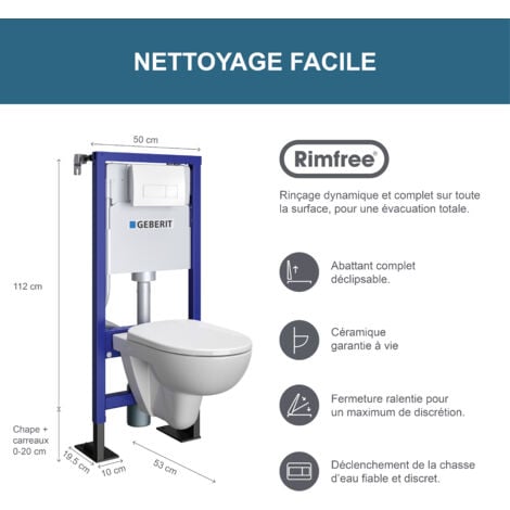GEBERIT - Pack bâti-support - Autoportant - Duofix pour WC suspendu Essentiel Rimfree 112 cm - Réservoir encastré (3/6 l) - Plaque de déclenchement blanche