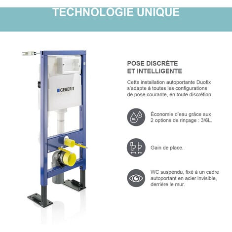 GEBERIT - Pack bâti-support - Autoportant - Duofix pour WC suspendu Design Rimfree 112 cm - Réservoir encastré (3/6 l) - Plaque de déclenchement blanche