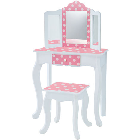 Teamson Kids Coiffeuse Enfant Gisele Polka Dot avec Tabouret, Design Élégant Blanc/Rose (1/5)