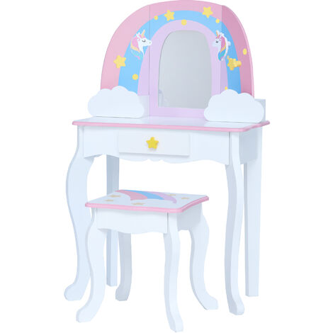Fantasy Fields Par Teamson Kids Coiffeuse Enfant Table De Maquillage Arc-En-Ciel & Licorne Avec Miroir, Rangement Intégré Et Tabouret TD-13543F (1/5)
