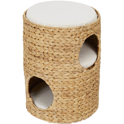 Maison d'appartement pour chat en osier naturel 3 niveaux – Lit avec 3 coussins lavables – Tour à gratter – STN10001UK