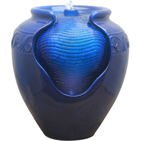 Teamson Home Fuente de Agua Pequeña con Luces para Jardín y Exteriores, Fuente de Agua de Maceta Azul, Adorno de Cascada Interior con Bomba, Decoración de Patio