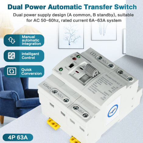 ATS Interrupteur De Transfert Automatique 2P 63A - Double Alimentation Manuel/Auto - Rail DIN - Maison & Urgence