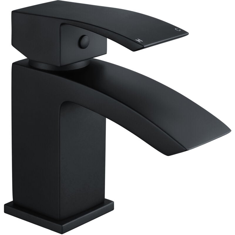 Contemporary Mono Basin Bathroom Mixer Tap with Push Button Waste - Matt Black