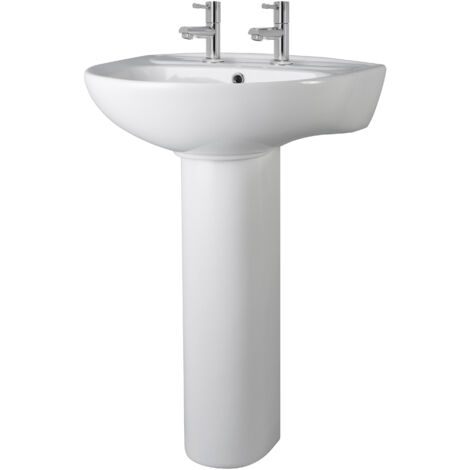 Balterley Anslow Round 2 Tap Hole Ceramic Basin with Full Pedestal 550mm White Bathroom Sink Traditional Pillar Tap Design