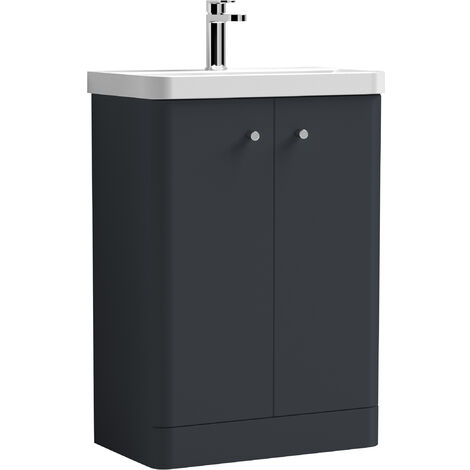 Balterley Flashbrook Modern Bathroom Floor Standing 2 Door Vanity Unit Basin, Dark Grey, 605mm