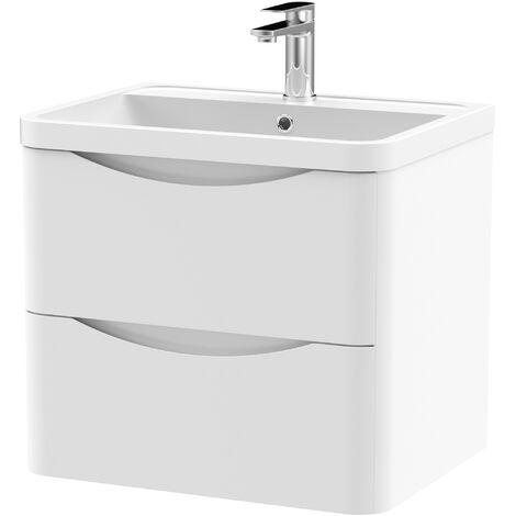 Balterley Dunwood Contemporary Bathroom Wall Hung 2 Drawer Vanity & Polymarble Basin, Satin White, 600mm