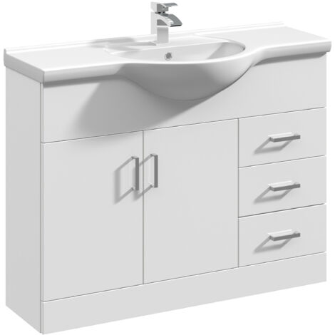 2 Door 3 Drawer Vanity Basin Unit with Round Basin - 1050mm - Gloss White