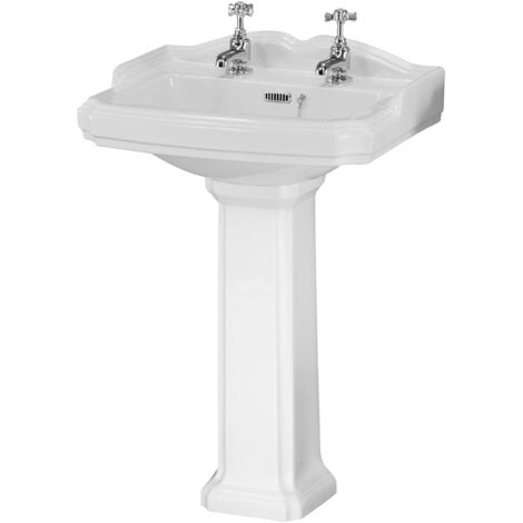 Traditional Bathroom Two Tap Hole Basin with Full Pedestal - 590mm (1/2)