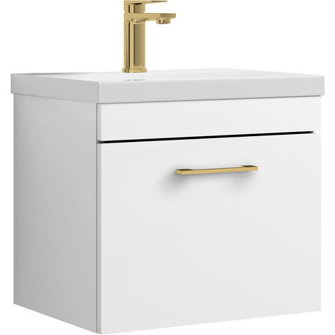 Millwich 1 Drawer Wall Hung Vanity Basin Unit - 500mm - Gloss White with Brushed Brass D-shaped handle (Tap Not Included)