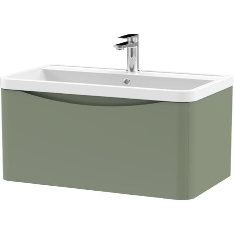 Balterley Dunwood Bathroom Wall Hung 1 Drawer Vanity Unit & Polymarble Basin, Satin Green, 800mm (1/3)
