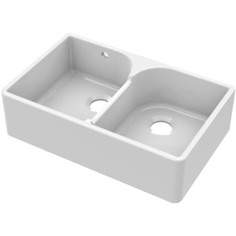 795mm - Fireclay Double Bowl Stepped Weir Butler Kitchen Sink - with Overflow