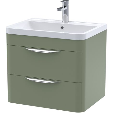 Balterley Aldershawe Contemporary Wall Hung 2 Drawer Bathroom Vanity Unit & Ceramic Basin, Satin Green, 610mm