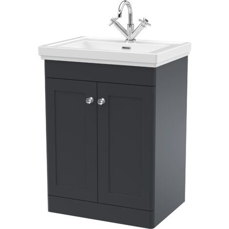 Balterley Swynnerton Traditional Bathroom Floor Standing 2-Door Vanity Unit & Fireclay Basin, Dark Grey, 600mm