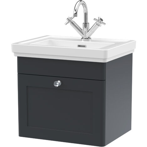 Balterley Swynnerton Traditional Bathroom Wall Hung 1-Drawer Vanity Unit & Fireclay Basin, Dark Grey, 500mm (1/5)