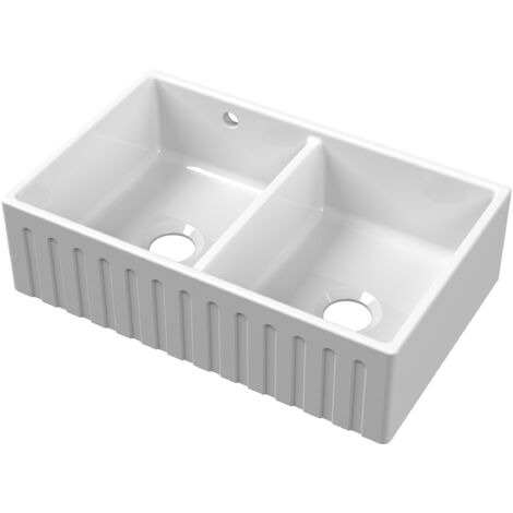 795mm - Fireclay Kitchen Double Bowl Fluted Front Butler Sink - Stepped Weir