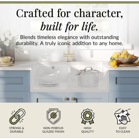 795mm - Fireclay Kitchen Double Bowl Fluted Front Butler Sink - Stepped Weir