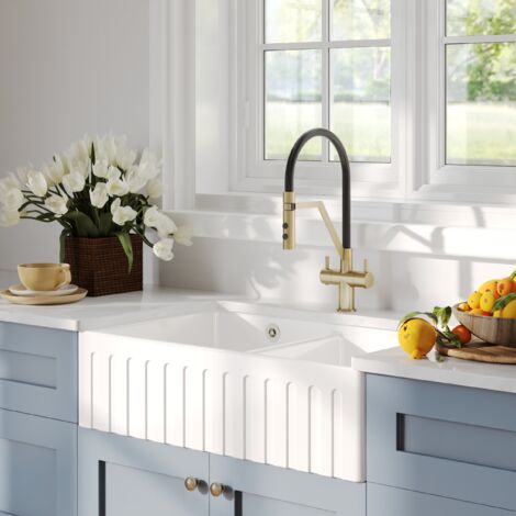 795mm - Fireclay Kitchen Double Bowl Fluted Front Butler Sink - Stepped Weir