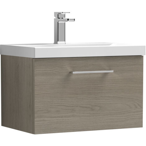 Wall Hung 1 Drawer Vanity Unit with Mid-Edge Ceramic Basin, 600mm - Woodgrain Solace Oak