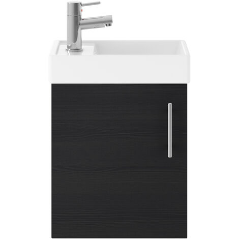Cloakroom Wall Hung 1 Door Vanity Unit with Basin, 400mm - Woodgrain Charcoal Black